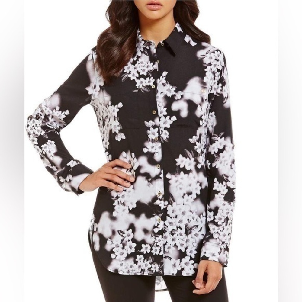 Calvin Klein Flower Print Button Down Blouse Shirt